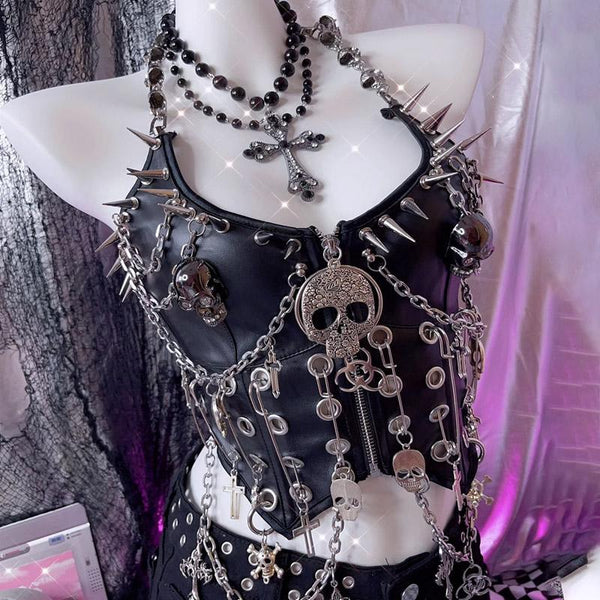 Halter metal chain PU leather skull applique zip-up top