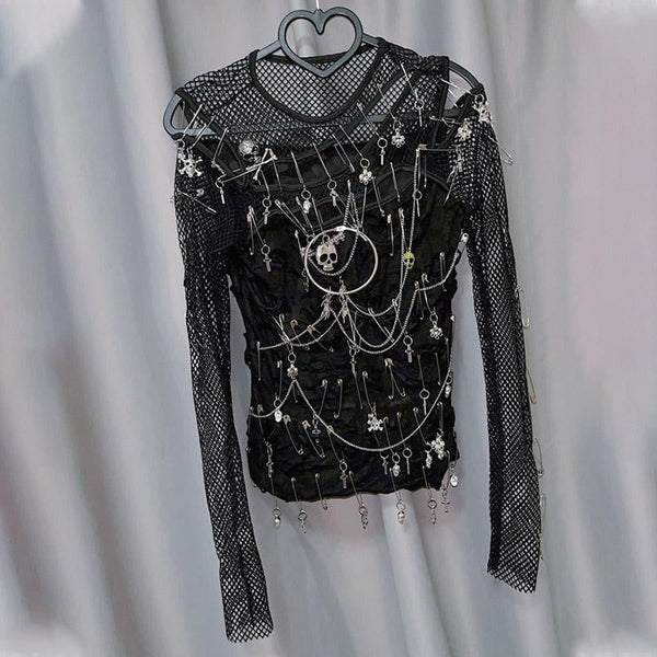 Long sleeve hollow out o ring metal chain irregular top