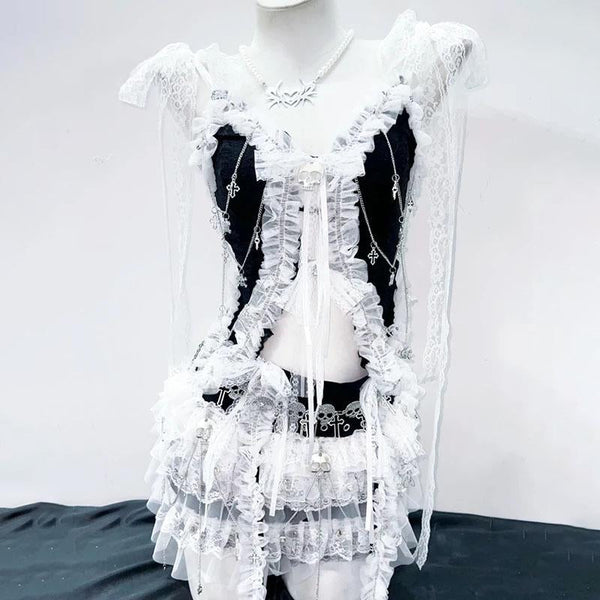 Lace hem self tie bowknot skull applique mini skirt set