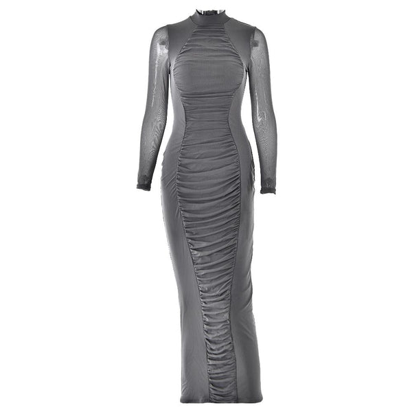 Long sleeve ruched mesh patchwork maxi dress