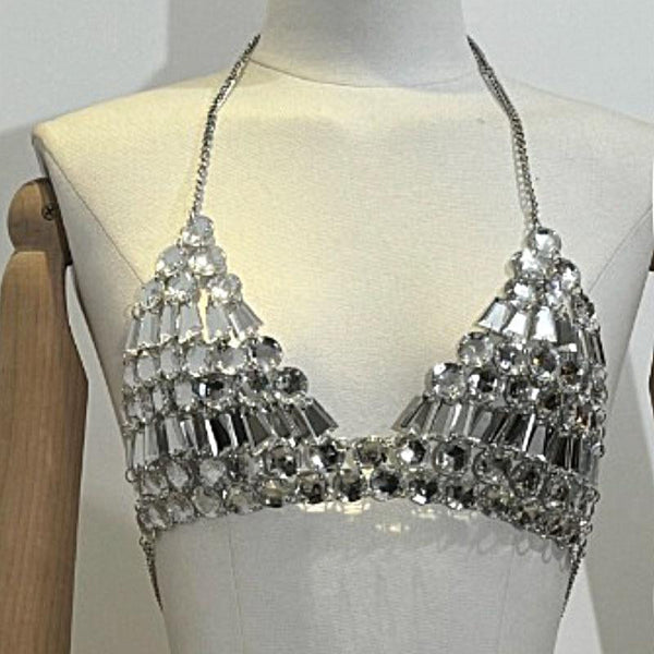 Halter metal chain beaded v neck top