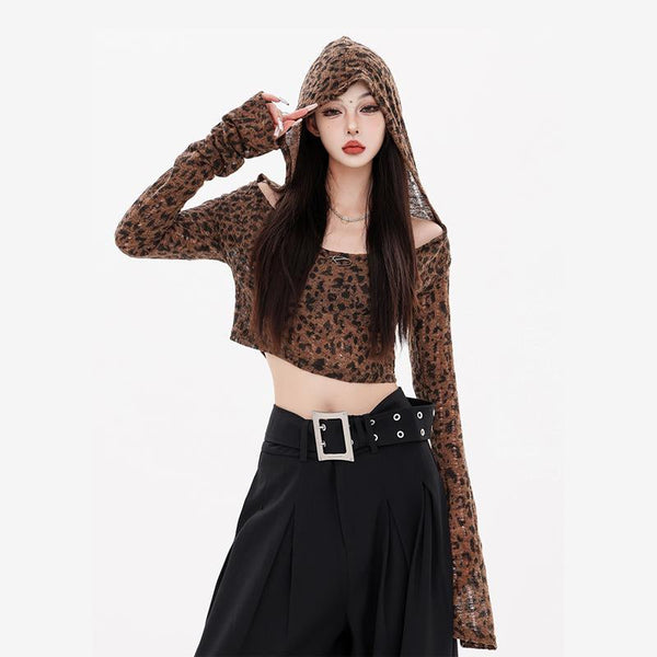 Long sleeve hoodie leopard print u neck crop top