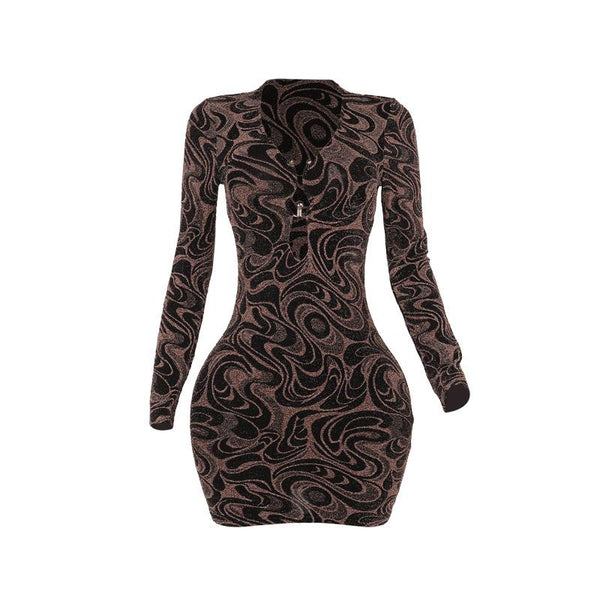 Long sleeve v neck hollow out ripple print mini dress