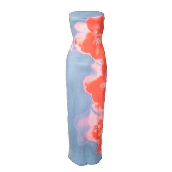 High slit flower print backless tube maxi dress