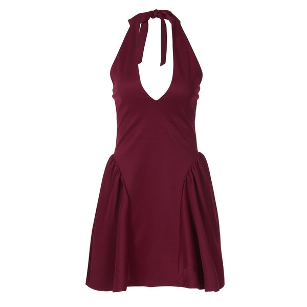 Halter v neck solid backless mini dress