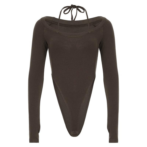 Halter long sleeve knitted self tie bodysuit