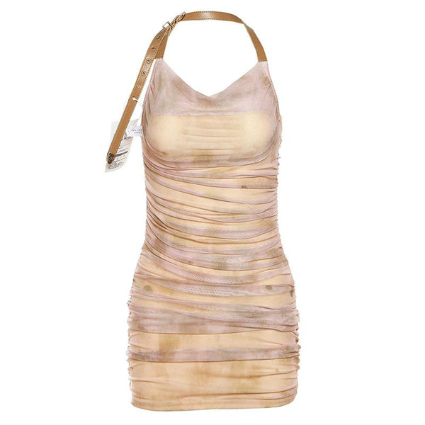 Halter buckle tie dye ruched mini dress