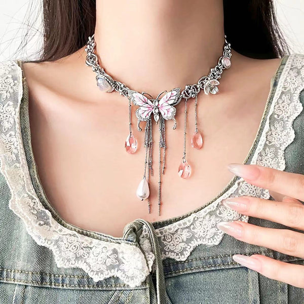 Butterfly flower pendant metal chain choker necklace