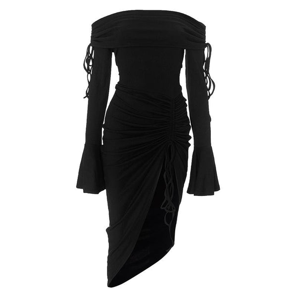 Flared sleeve off shoulder slit ruched self tie midi dress