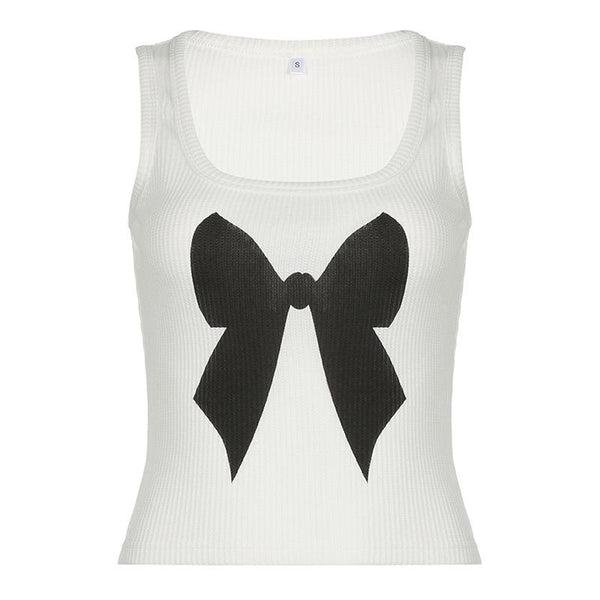 Square neck bowknot pattern ribbed tank top