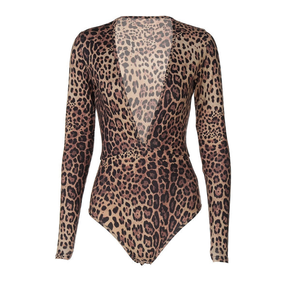 Leopard print deep V neck long sleeve button bodysuit