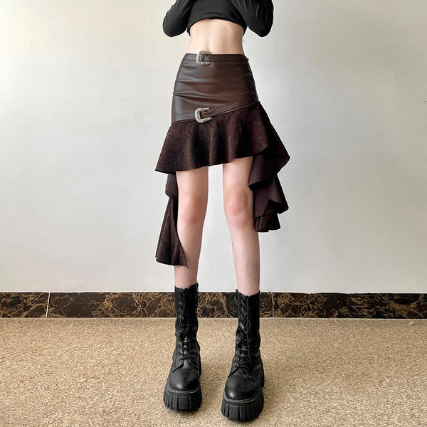 Irregular ruffle PU leather buckle mini skirt