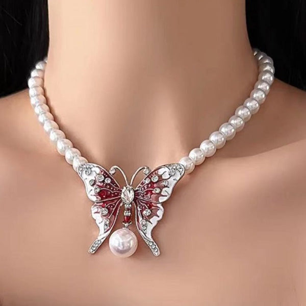 Red butterfly faux pearl choker necklace