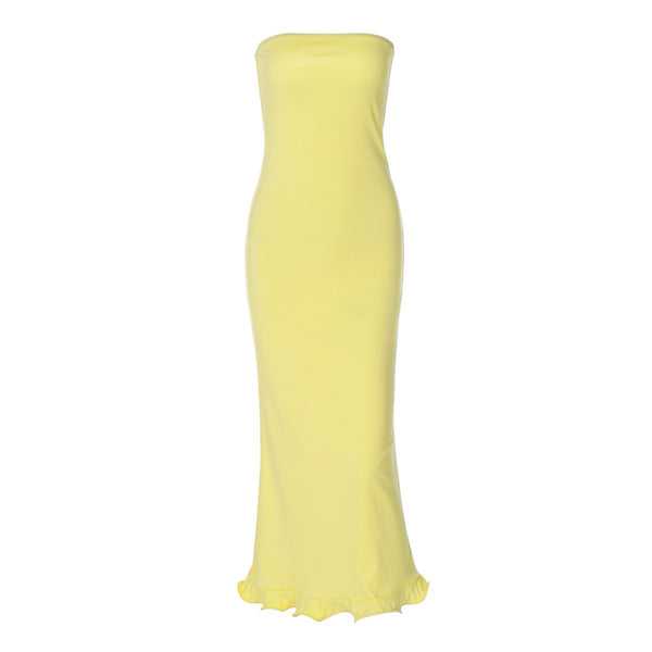 Backless solid ruffle tube maxi dress