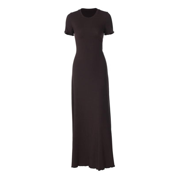 Short sleeve round neck ruffle knotted solid maxi dress