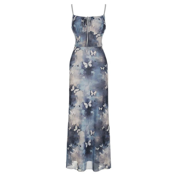 Butterfly print self tie cami maxi dress