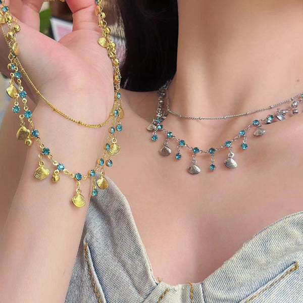 Shell pendant rhinestone layered choker necklace