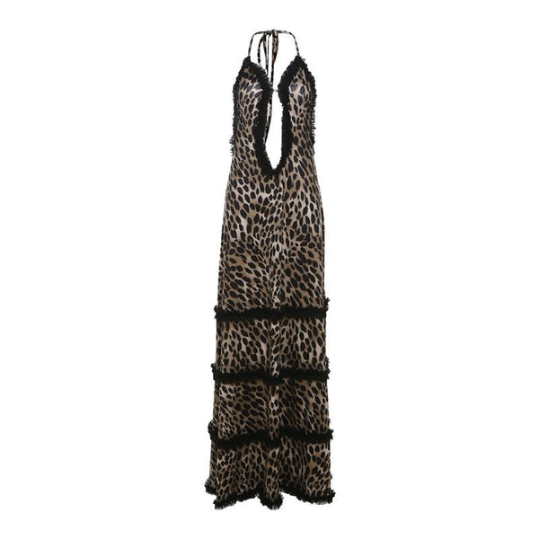 Halter deep v neck leopard print ruffle maxi dress