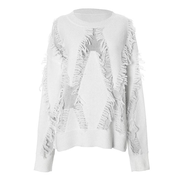 Long sleeve crewneck tassels knitted top