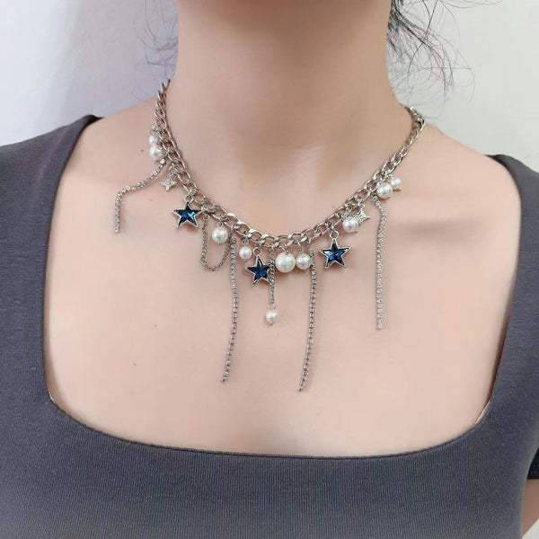Star pendant faux pearl metal chain choker necklace