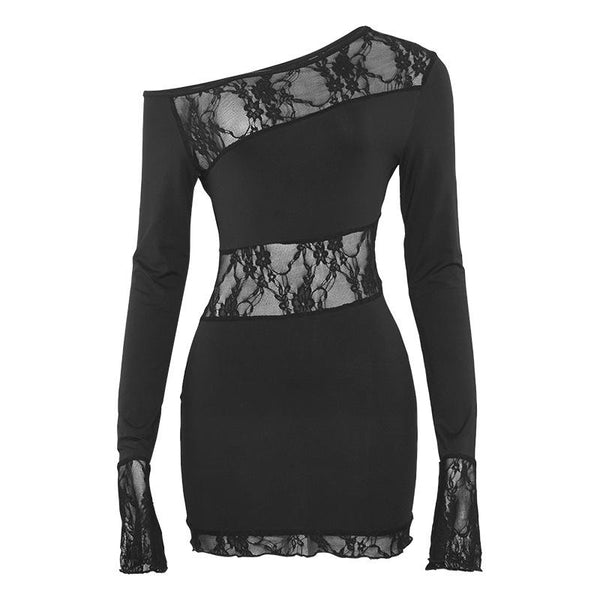 Long sleeve lace irregular one shoulder mini dress