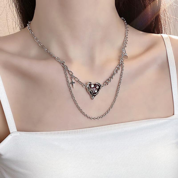 Heart pendant layered chain necklace