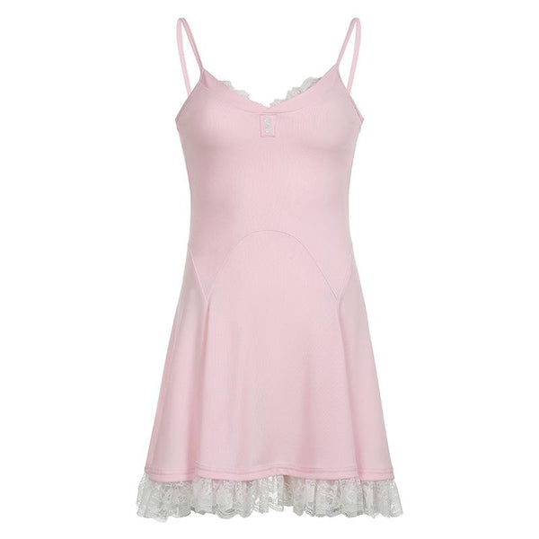 V neck lace hem ruffle cami mini dress