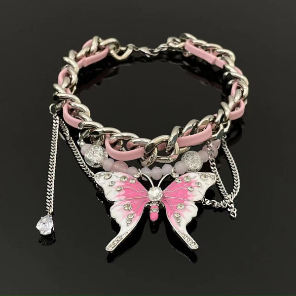 Pink butterfly beaded PU leather choker necklace