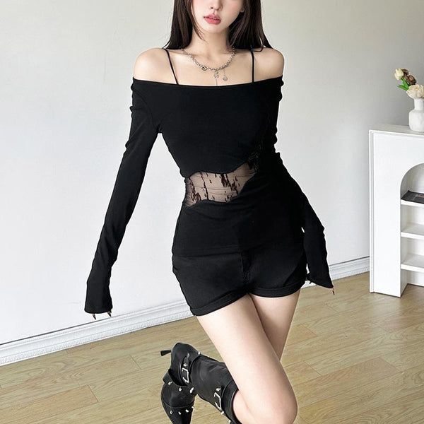 Long sleeve mesh print irregular solid top