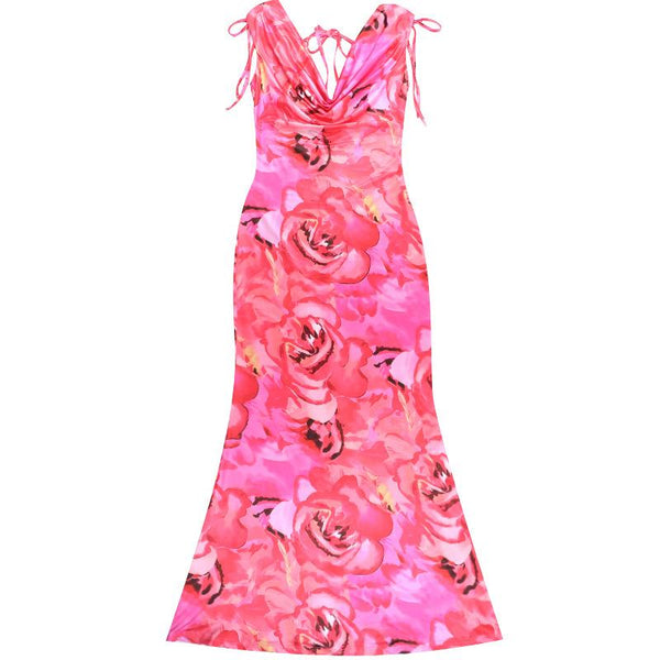 Cowl neck self tie flower print backless maxi dress