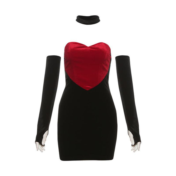 Sweetheart pattern gloves velvet mini dress