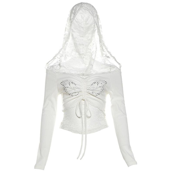 Hoodie off shoulder long sleeve lace beaded drawstring top