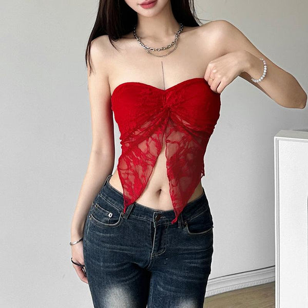 Lace ruched slit ruffle solid tube top