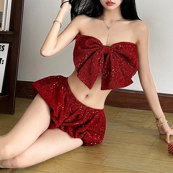 Bowknot glitter backless contrast tube top