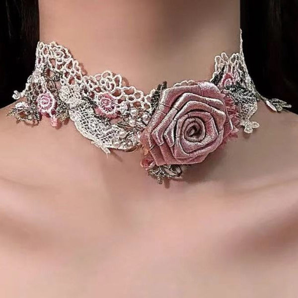 Rose applique lace faux pearl choker necklace