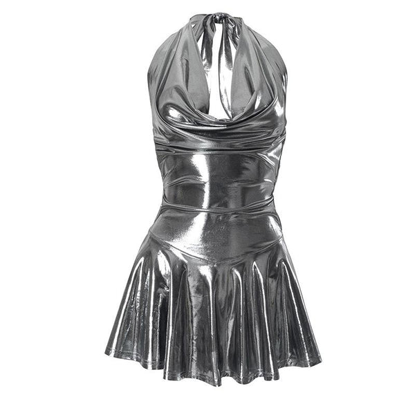 Metallic self tie halter cowl neck backless mini dress