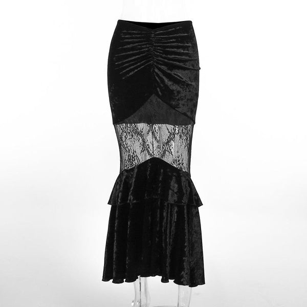 Velvet lace patchwork ruched ruffle maxi skirt