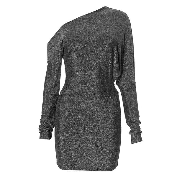 One shoulder long sleeve glitter mini dress