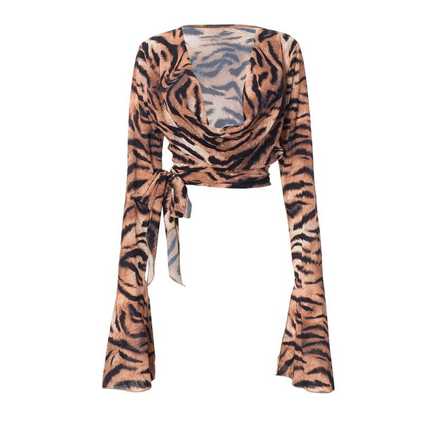 Slit long flared sleeve self tie tiger print cowl neck top