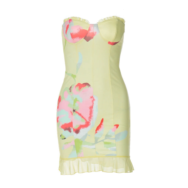 Flower print ruffle tube mini dress