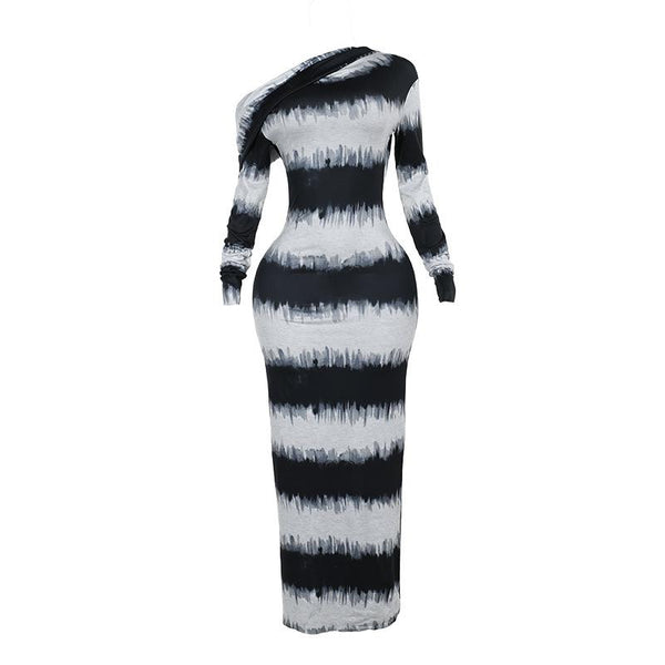 Irregular long sleeve one shoulder striped maxi dress