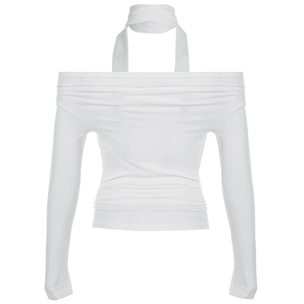 Off shoulder long sleeve ruched solid top