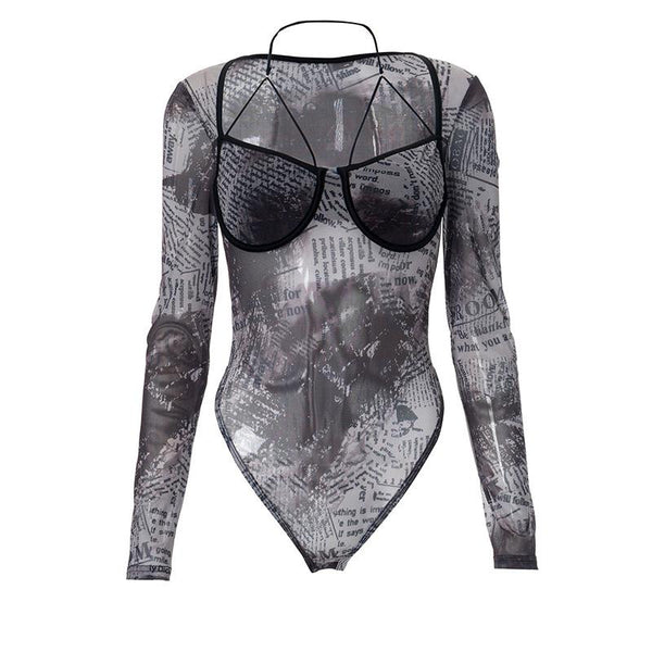 Long sleeve halter letter print button mesh bodysuit