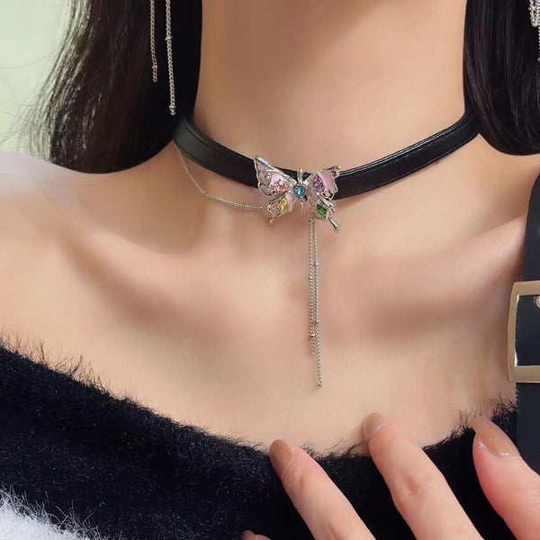 Butterfly multicolor rhinestone tassels choker necklace