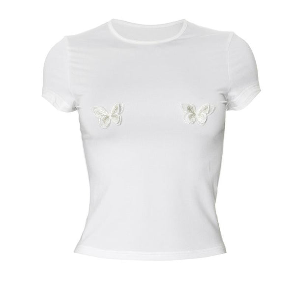 Short sleeve butterfly embroidery crop top