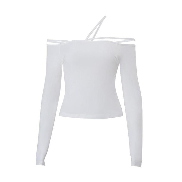 Long sleeve one shoulder hollow out solid top