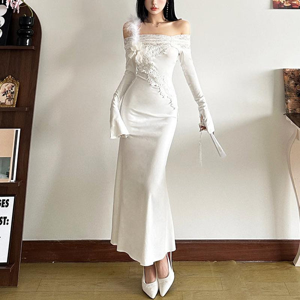 Long flared sleeve off shoulder feather lace midi dress