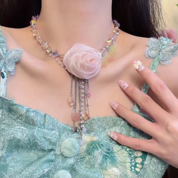 Pink flower decor tassels choker necklace