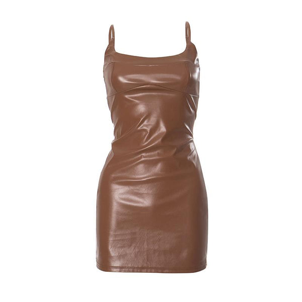 U neck PU leather zip-up backless solid mini dress