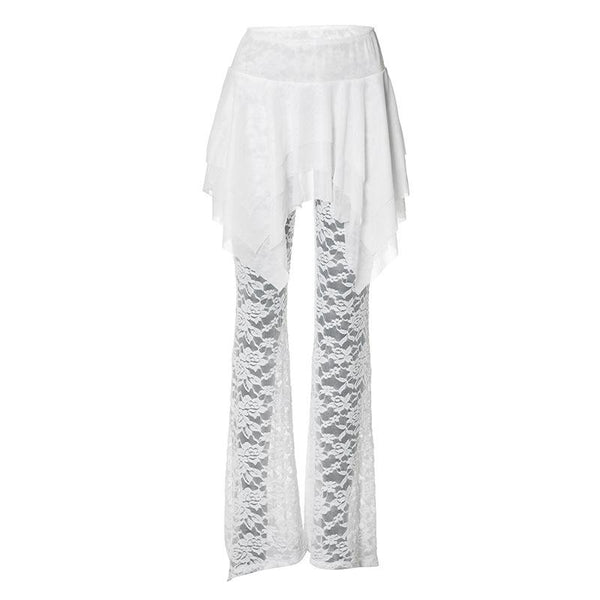 Ruched lace ruffle solid high rise pant